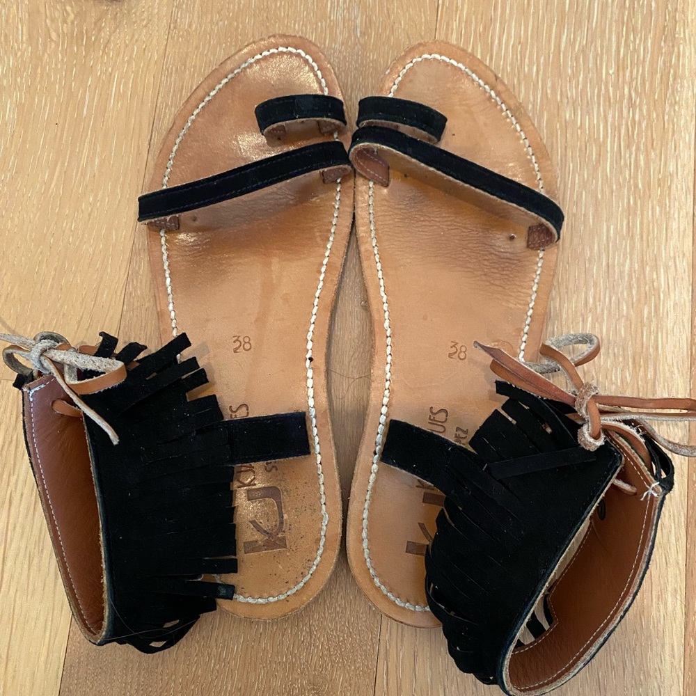 K. Jacques Black Suede Fringe Sandals